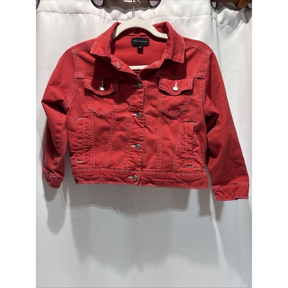 Free Assembly Red Denim Jacket Girls Size M Pockets Snaps Boho Cowgirl